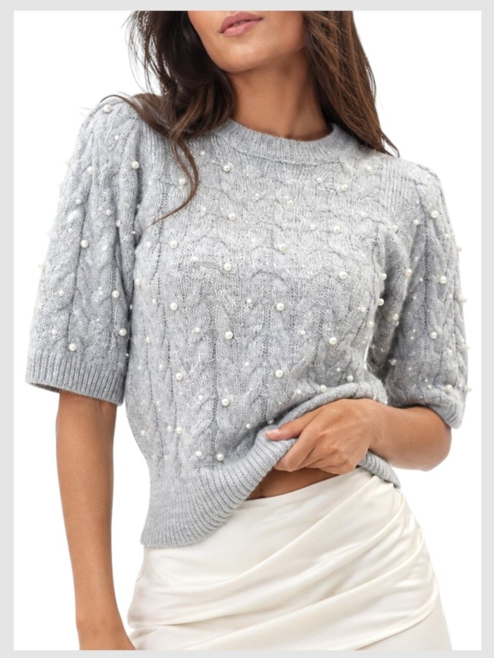 Zara Cable Knit Sweater Light Gray Pearl Embellished Puff Sleeve Crop S